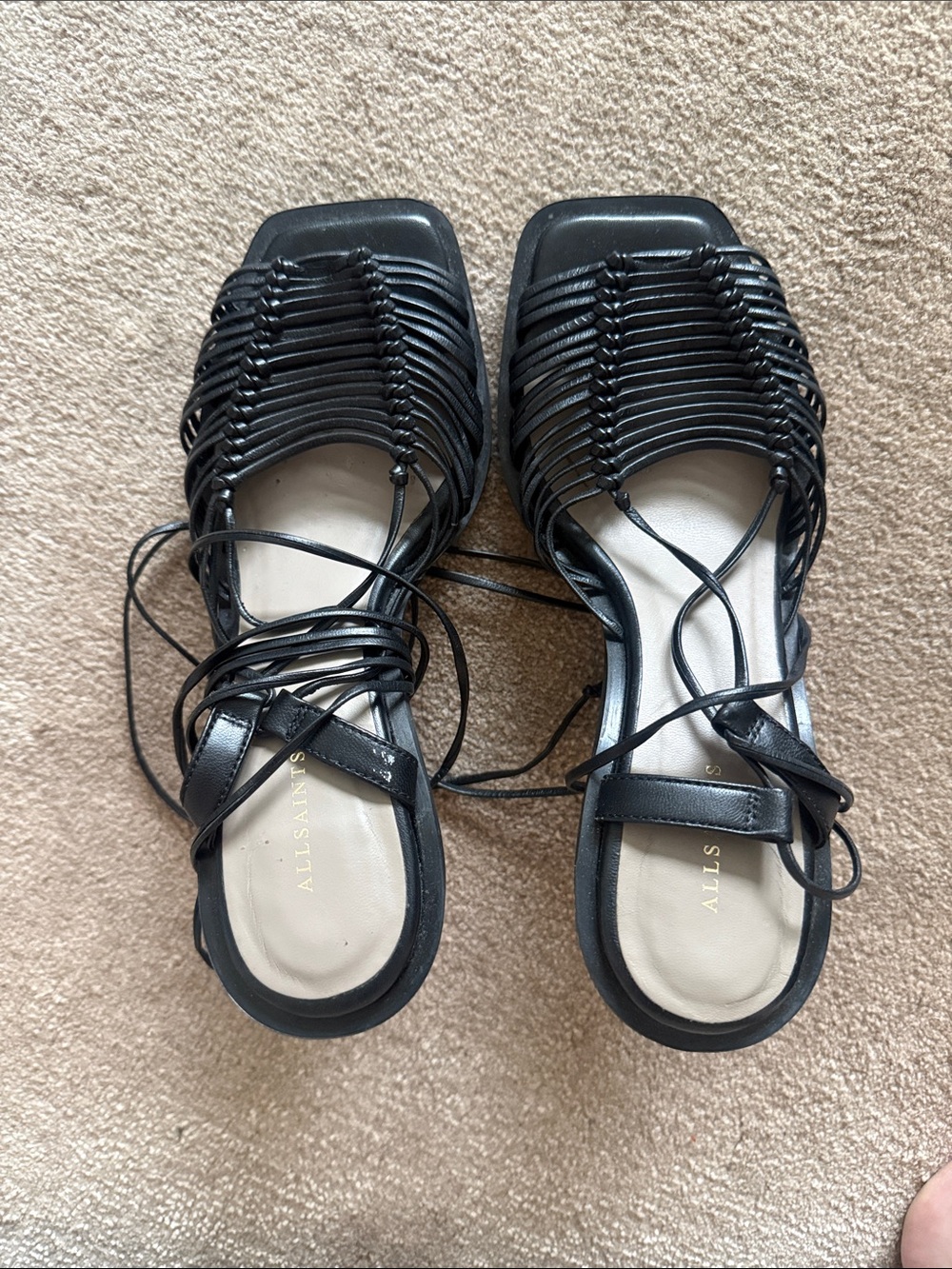 All Saints Black Braided Lace-Up Square-Toe Sandals